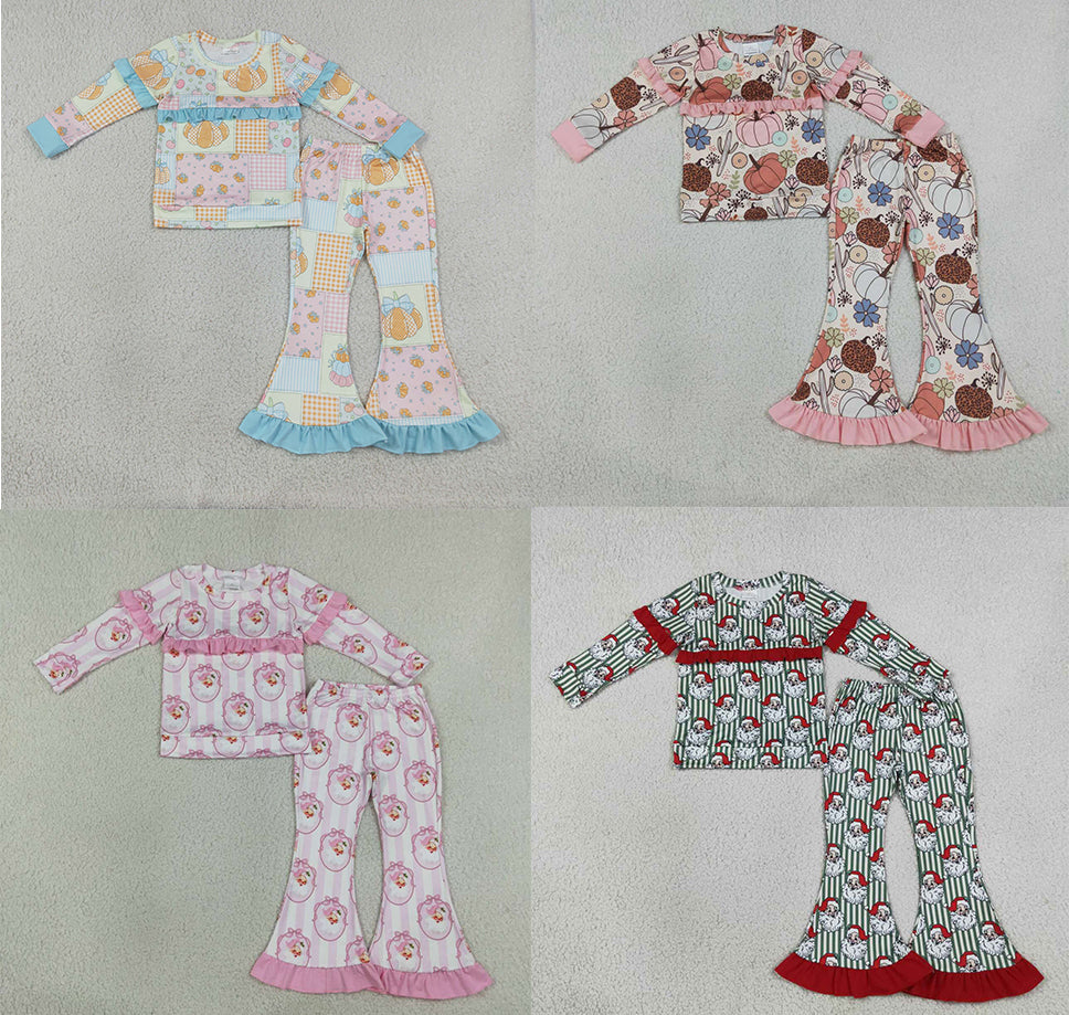Sibling Baby Girls Long Sleeve Pumpkin Santa Ruffle Rop Bell Botton Outfit