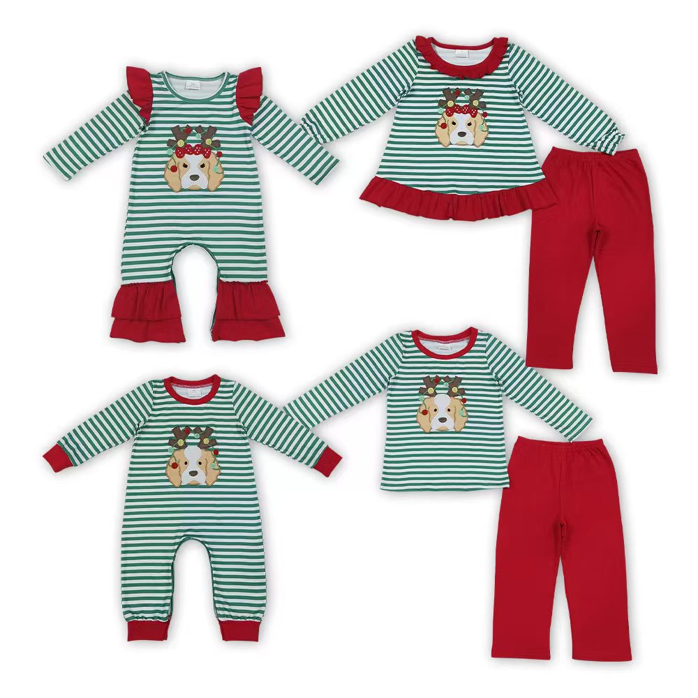 Sibling Baby Girls Embroidery Christmas Dog Striped Matching Clothing