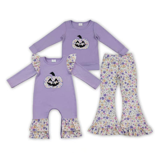 Sibling Baby Girls  Embroidery Pumpkin Face Purple Top Floral Pants Outfit and Romper