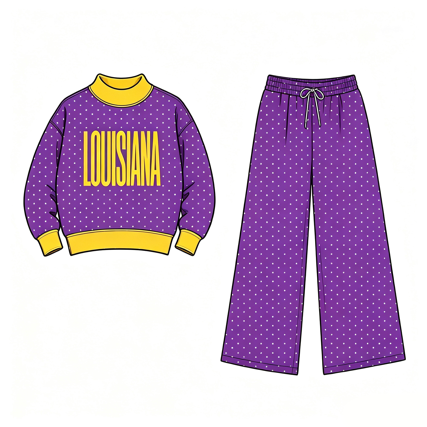 (Custom Design Preorder MOQ 5) Teams Lousiana Purple Polka Dot Long Sleeve Top Pants Outfit