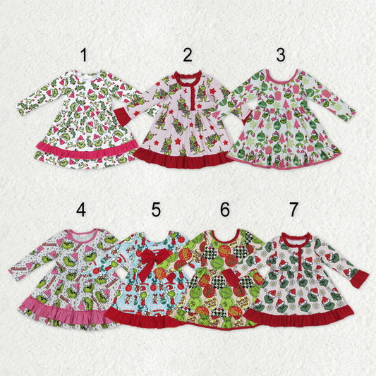 Sibling Baby Girls Grin Trees Lights Christmas Long Sleeve Dress