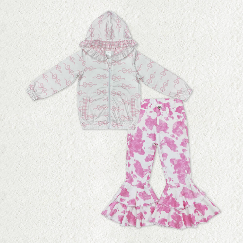Sibling Baby Girls Bows Zipper Hoodie Jacket Sequin Denim Bell Bottom Pant Clothes Set