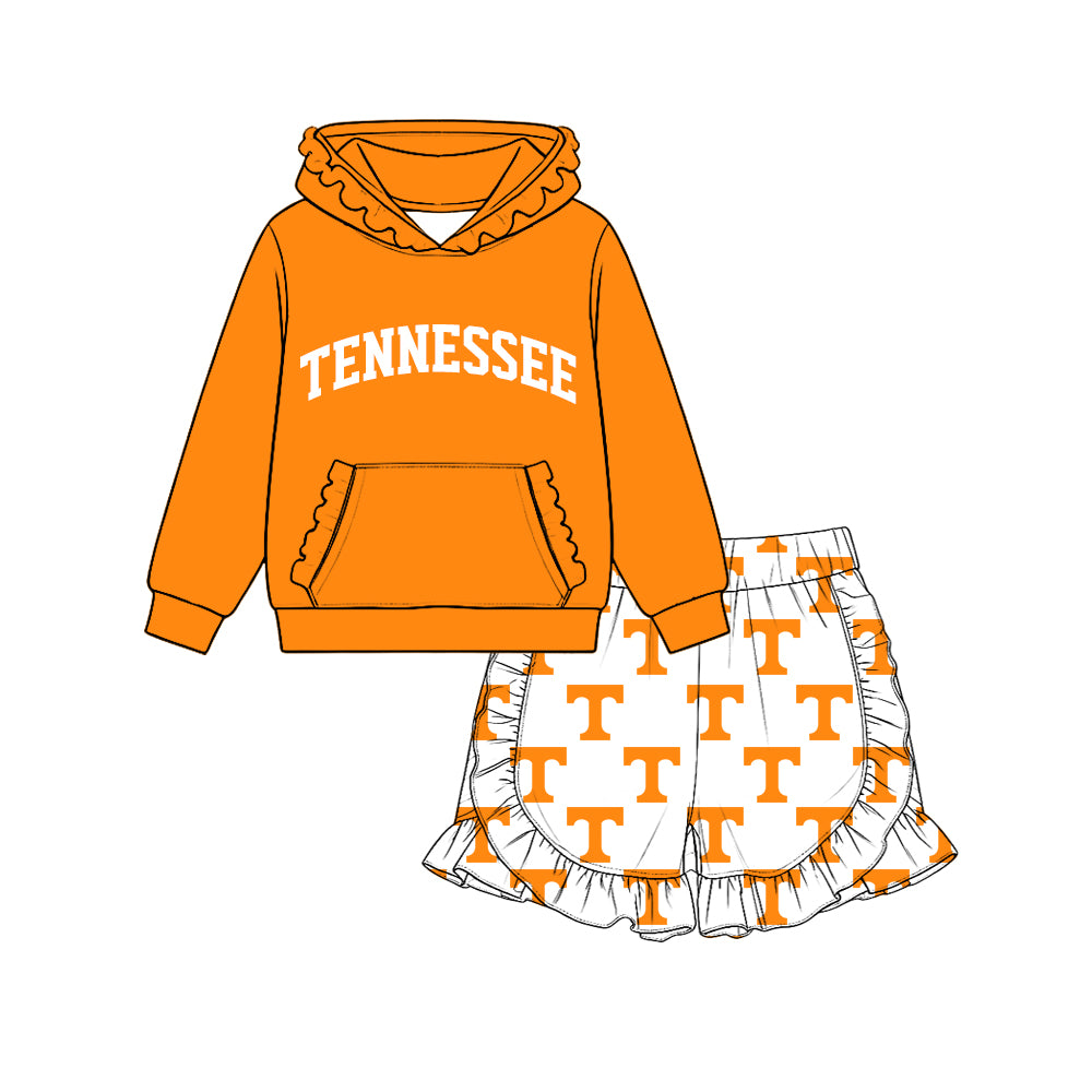 (Custom Design Preorder MOQ 5 Each)Teams Logo Hoodie Top Ruffle Shorts Girls Clothes Set Sisters Wear