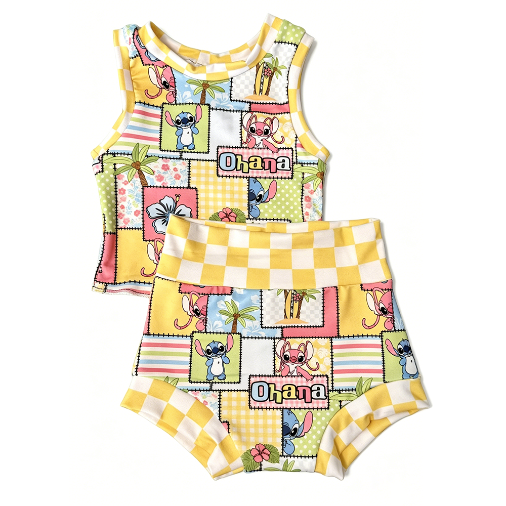 (Custom Design Preorder MOQ 5 ) Cartoon Stitc* Flowers Plaid Baby Girls Summer Ribbed Bummie Set