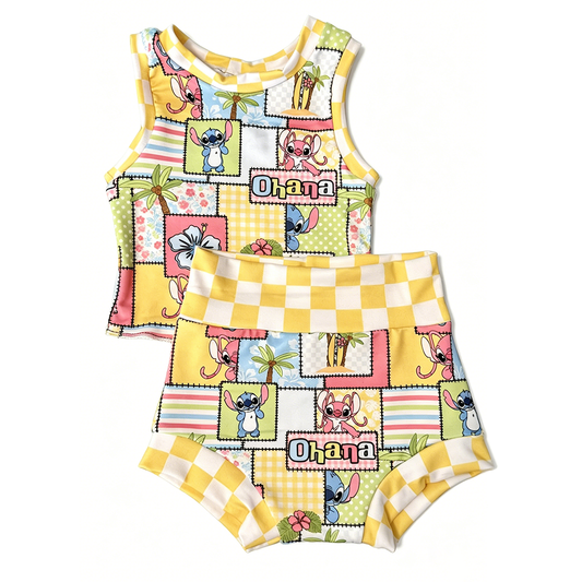 (Custom Design Preorder MOQ 5 ) Cartoon Stitc* Flowers Plaid Baby Girls Summer Ribbed Bummie Set