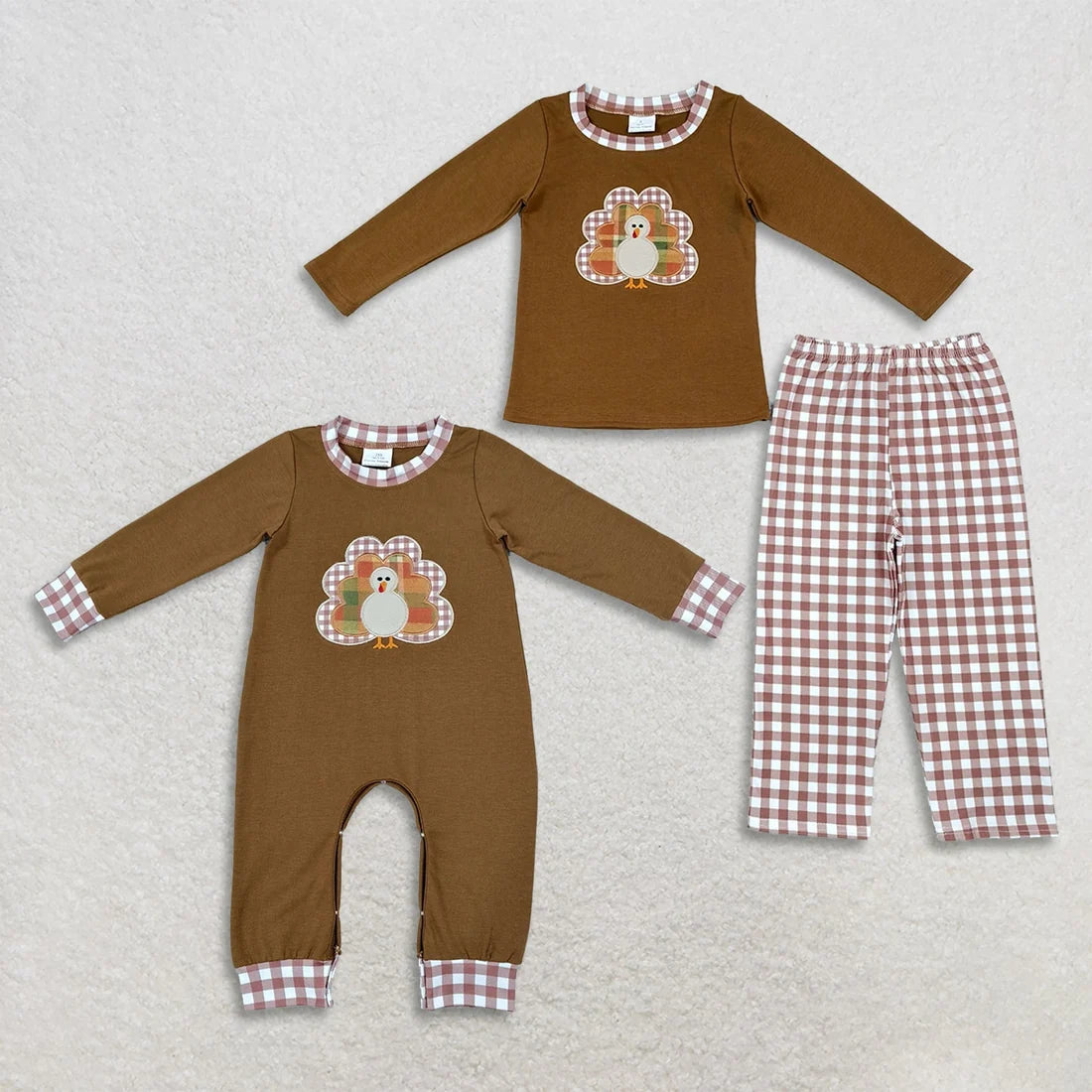Sibling Baby Boys Thanksgiving Embroidery Turkey  Brown Outfit and Romper