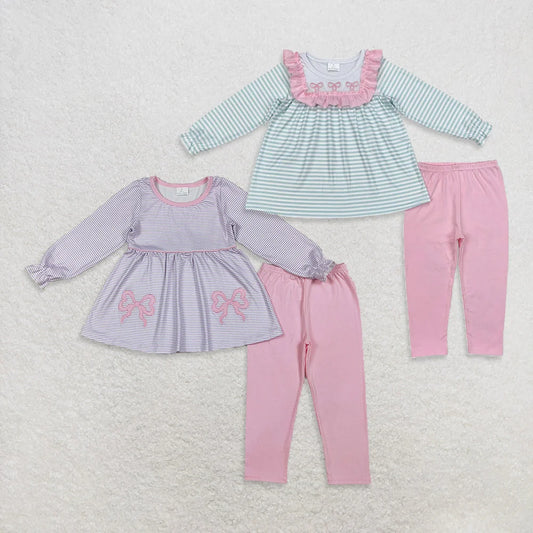 Sibling Baby Girls Embroidery  Bow Long Sleeve Tunic Top with Leggings Outfit