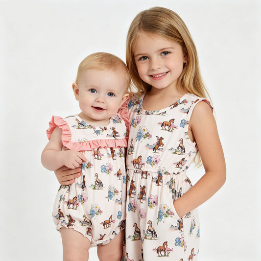 Cowgirls Sibling Matching Outfits - Toddler Girls Jumpsuit+Baby Bubble Romper