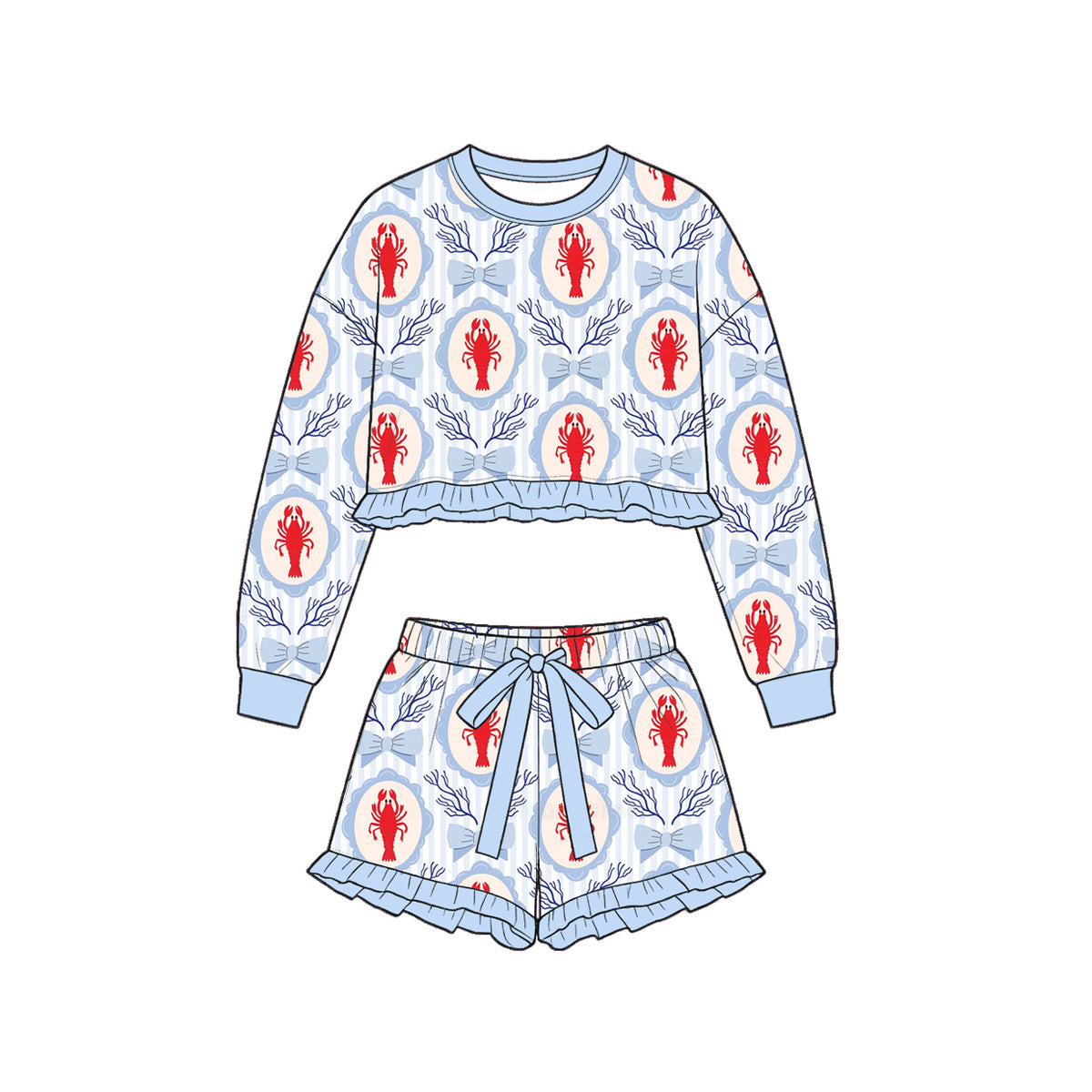 (Custom Design Preorder MOQ 5 Each)Crayfish Bows Print Long Sleeve Top Shorts Girls Clothes Set Sisters Wear