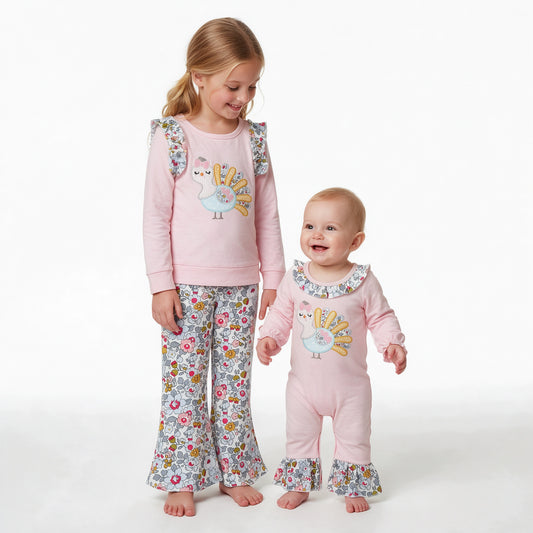 Sibling Baby Girls Thanksgiving Embroidery Turkey Floral Pants Outfit and Romper