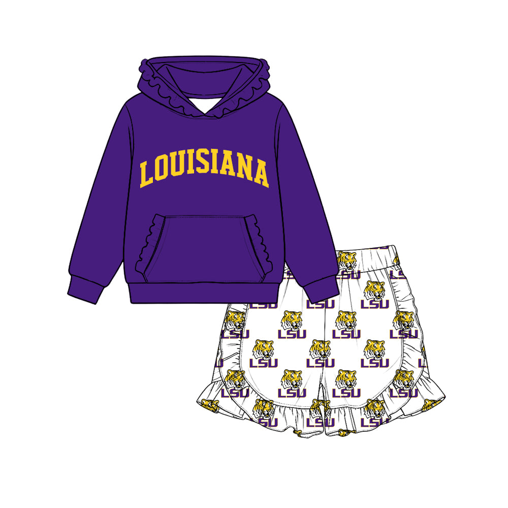 (Custom Design Preorder MOQ 5 Each)Teams Logo Hoodie Top Ruffle Shorts Girls Clothes Set Sisters Wear