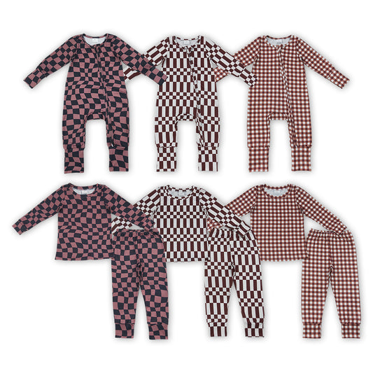 Sibling Baby Boys Checked Long Sleeve Pajama Set +Zipper Romper