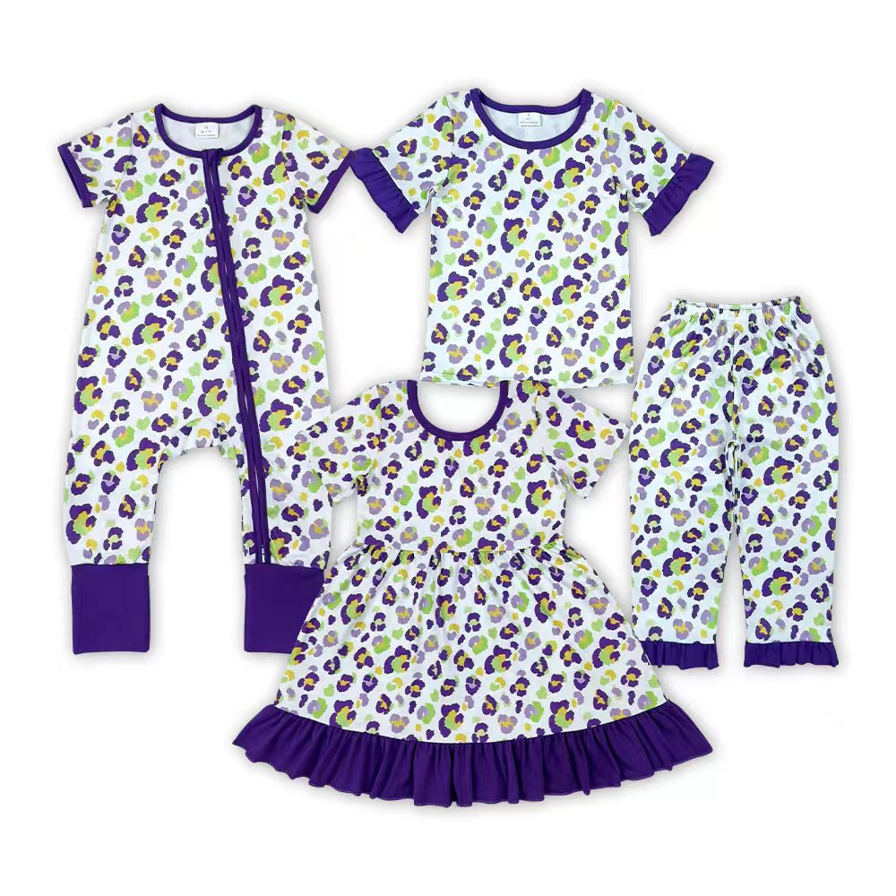Sibling Baby Girls Mardi Gras Leoaprd Short Sleeve Pajama Set Dress and Zipper Romper