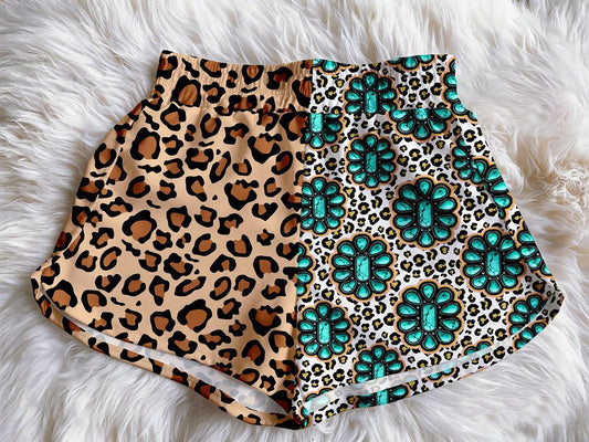 (Custom Design Preorder MOQ 5)  Leopard Turquoise Print Baby Girls & Woman Summer Bottom Shorts