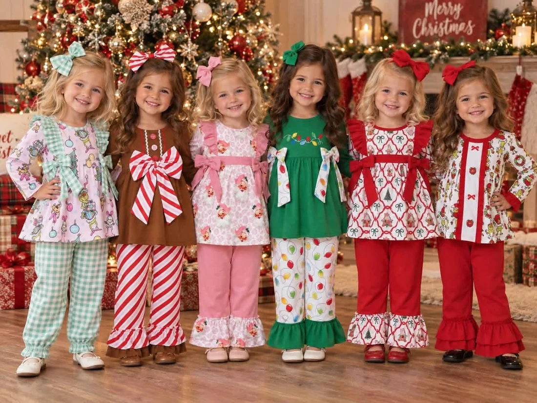Sibling Kids Girls Christmas Long Sleeve Tunic Top Ruffle Pants Outfit