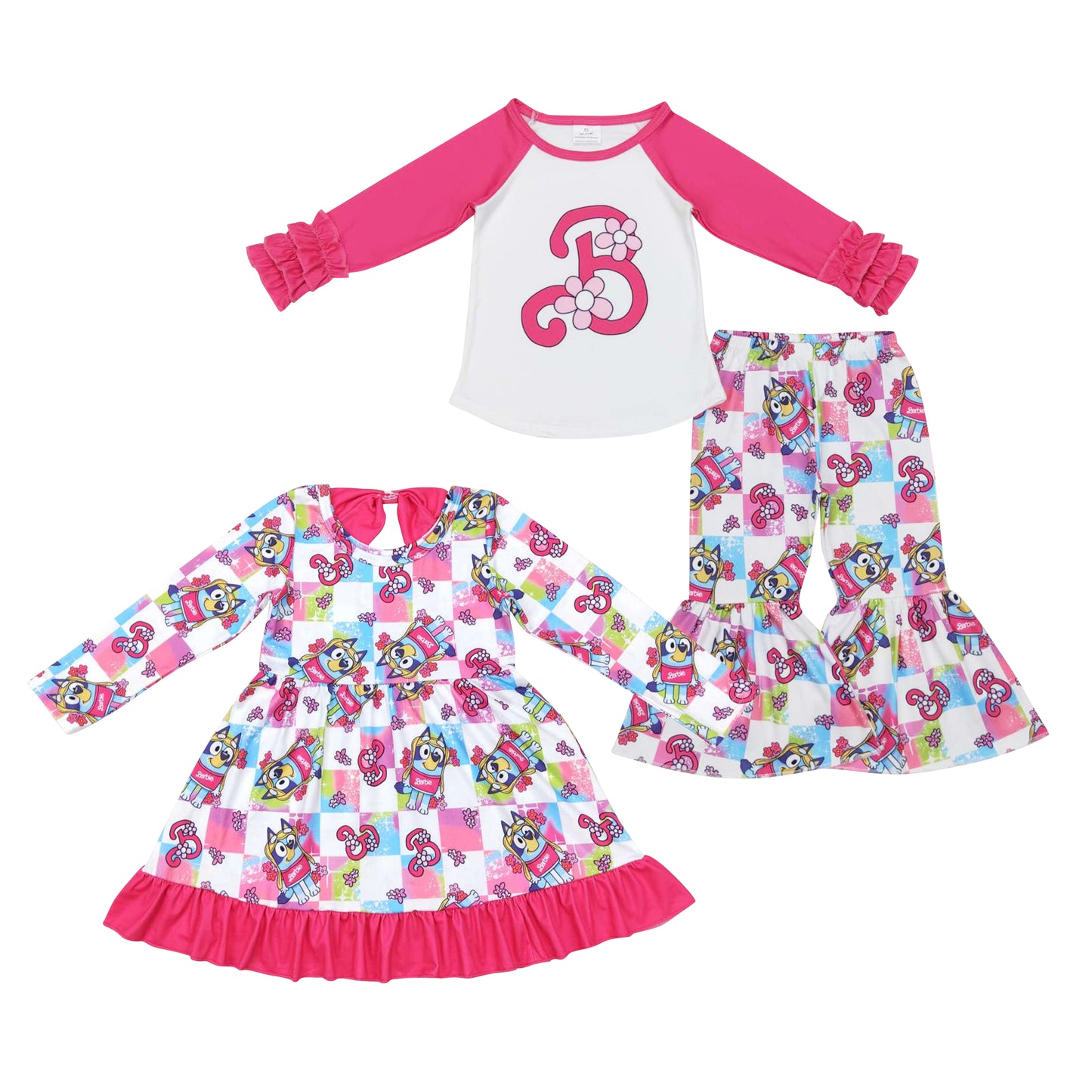 Baby Girls Sibling Long Sleeve Tee Shirts Dog Bell Bottom Pants Set /Dress