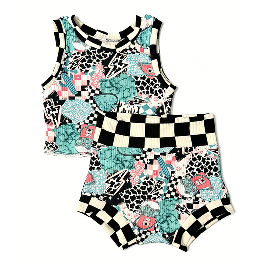 (Custom Design Preorder MOQ 5 ) Turquoise Plaid Baby Girls Summer Ribbed Bummie Set