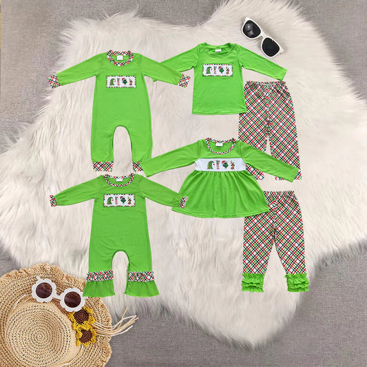 Sibling Baby Boys Girls Embroidery Green Faces Pants Christmas Clothes Sets