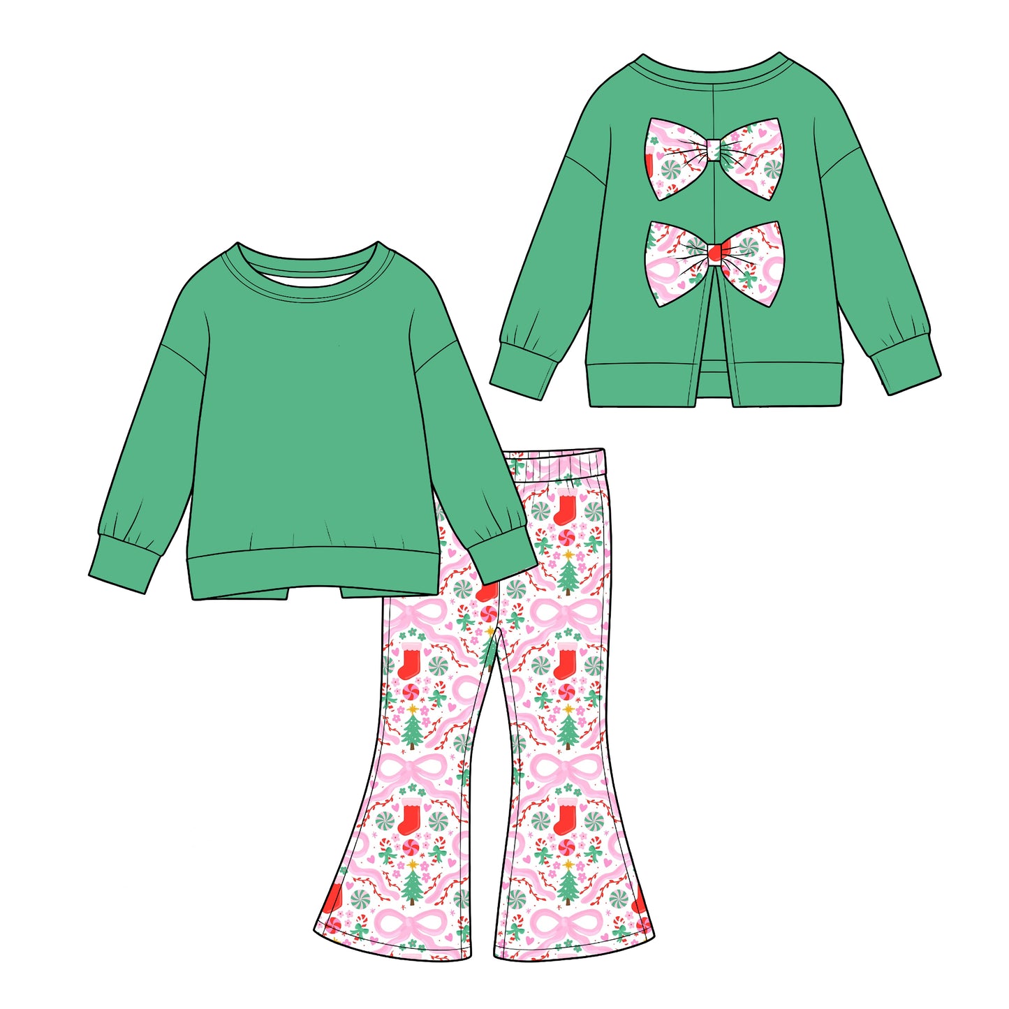 (Custom Design Preorder MOQ 5) Green Backless Bows Top Candy Bows Bell Pants Girls Christmas Clothes Set