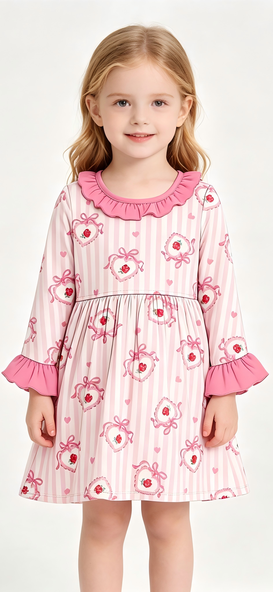 8.28 Preorder Toddler Girls Heart Rose Striped Long Sleeve Ruffle Dress