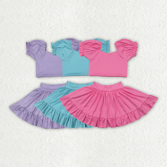 3 Colors Puff Sleeves Tank Top Ruffle Skort GirlsYoga Clothes Set Sisters Active Wear