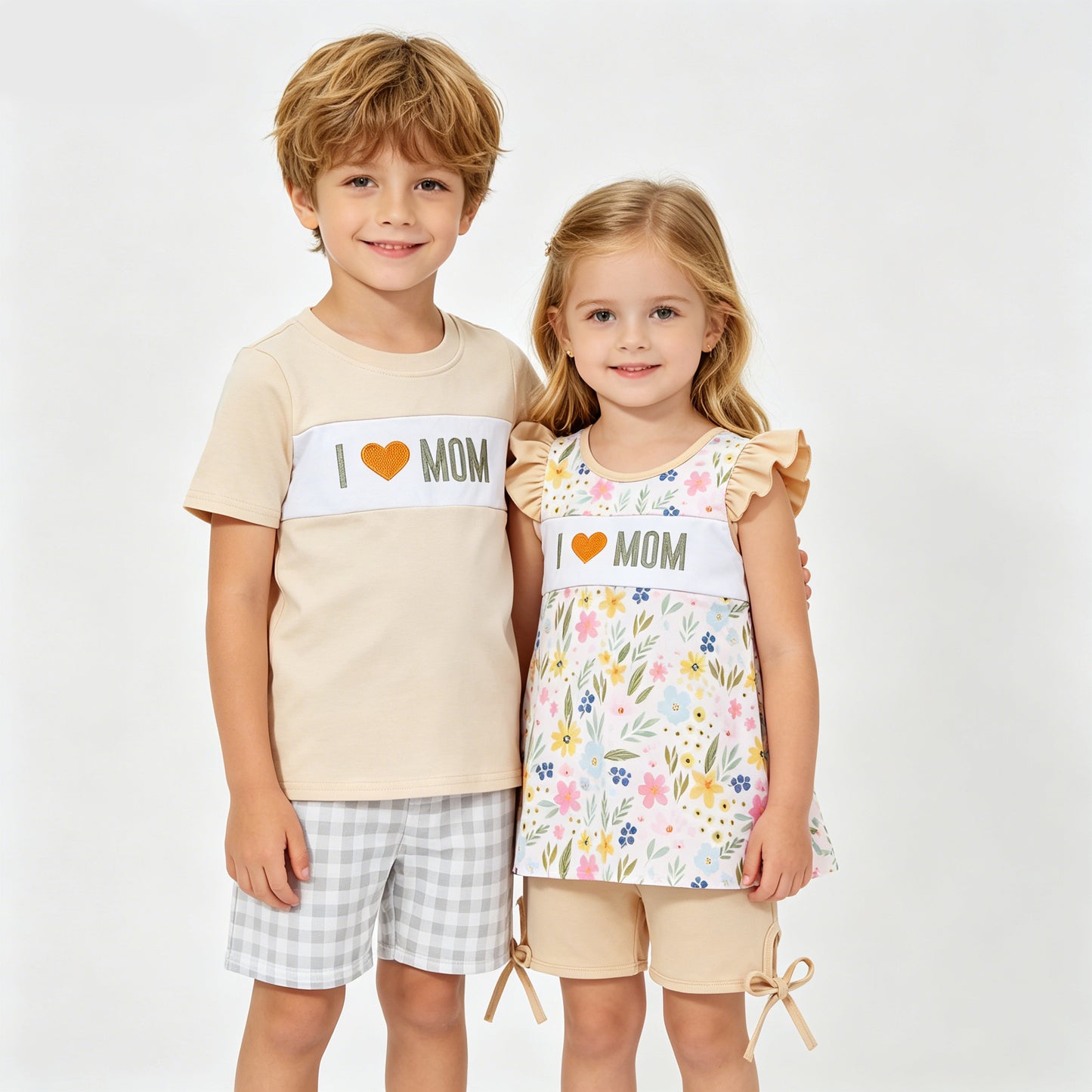 Embroidery I Love Mom Sibling Shorts Set Dreess and Romper