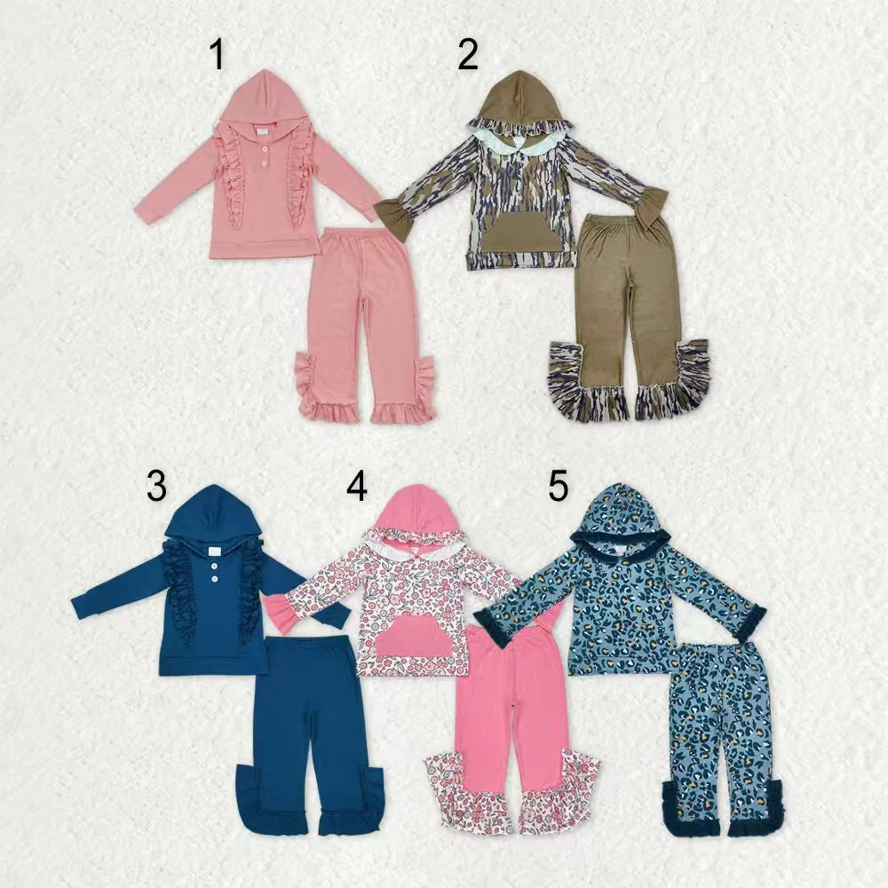 Sibling Baby Girls Ruffle Hoodie Leopard Floral Top Bell Bottom Pants Outfit