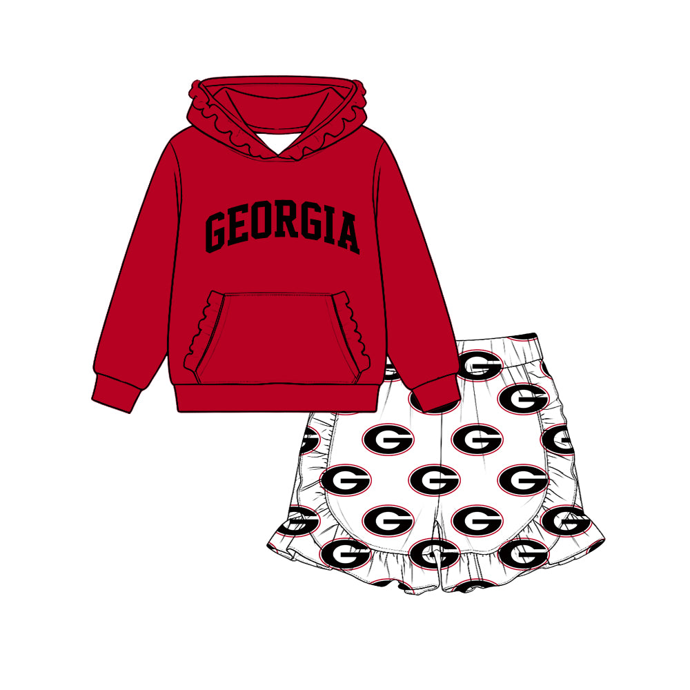 (Custom Design Preorder MOQ 5 Each)Teams Logo Hoodie Top Ruffle Shorts Girls Clothes Set Sisters Wear