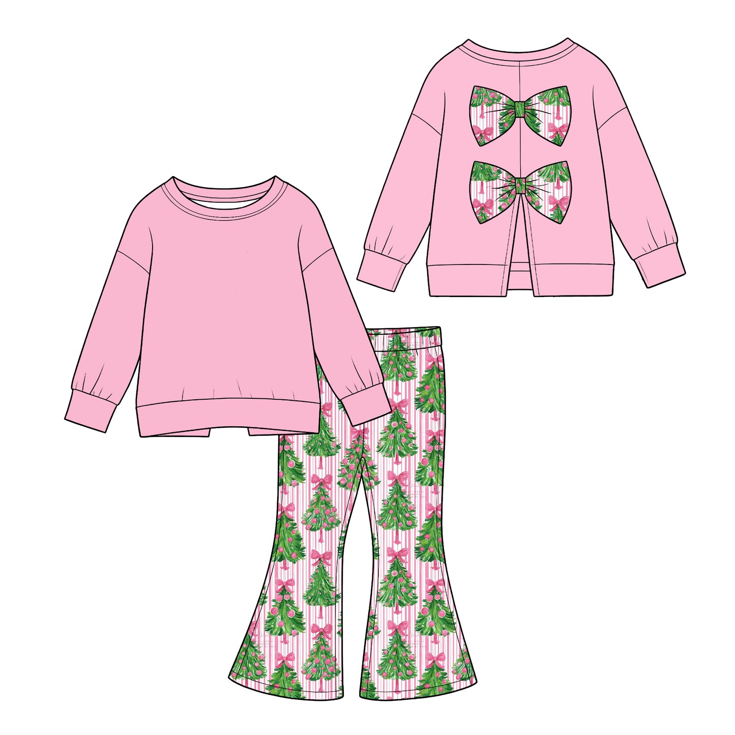(Custom Design Preorder MOQ 5) Pink Backless Bows Top Tree Stripes Bell Pants Girls Christmas Clothes Set