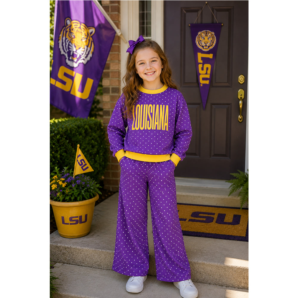 (Custom Design Preorder MOQ 5) Teams Lousiana Purple Polka Dot Long Sleeve Top Pants Outfit