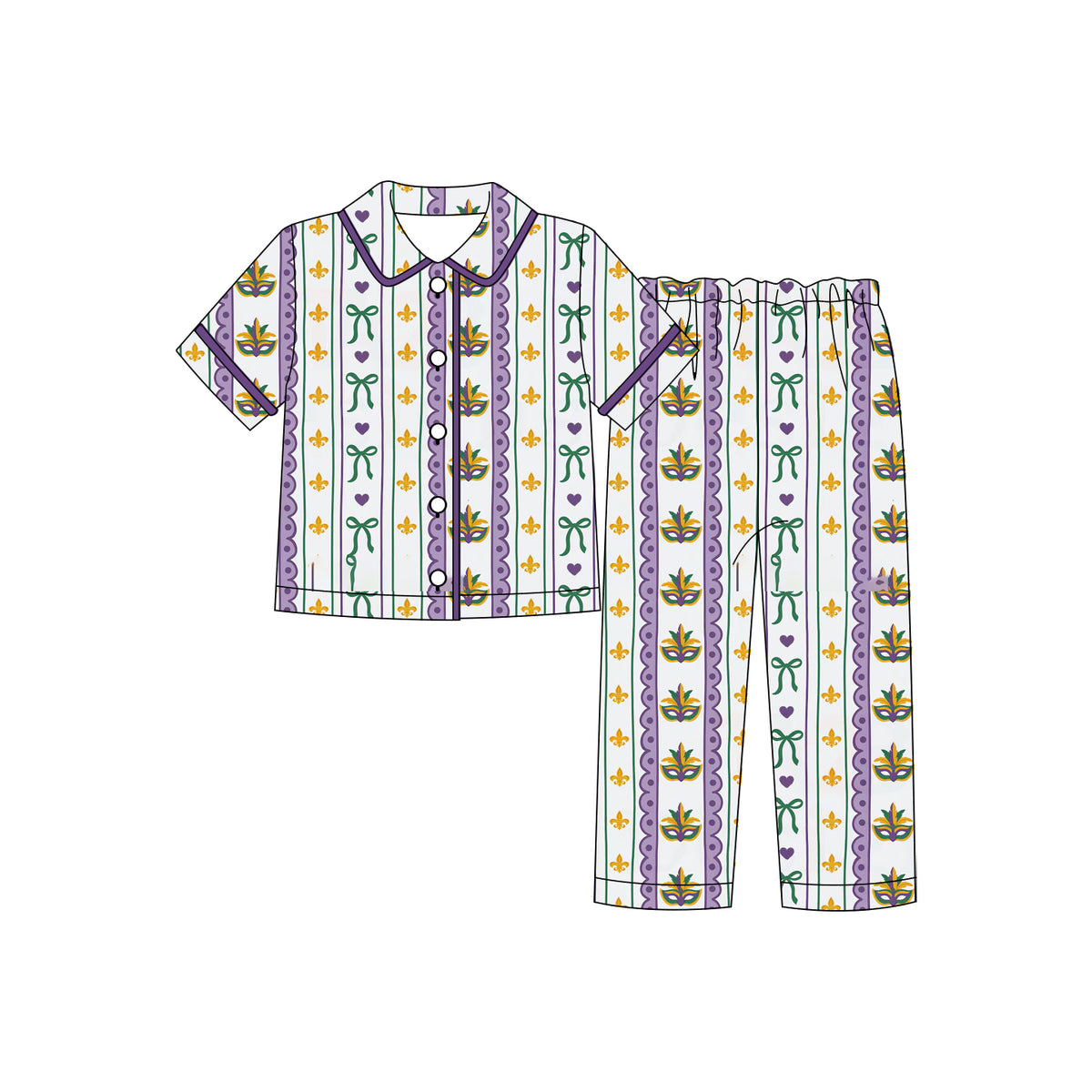 (Custom Design Preorder MOQ 5 Each)Mask Print Girls Mardi Gras Buttons Pajamas Clothes Set Sisters Wear