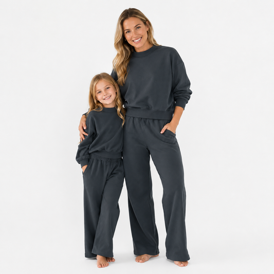 Mommy and Me Black Solid Color Cotton Long Sleeve Top Pants Outfit