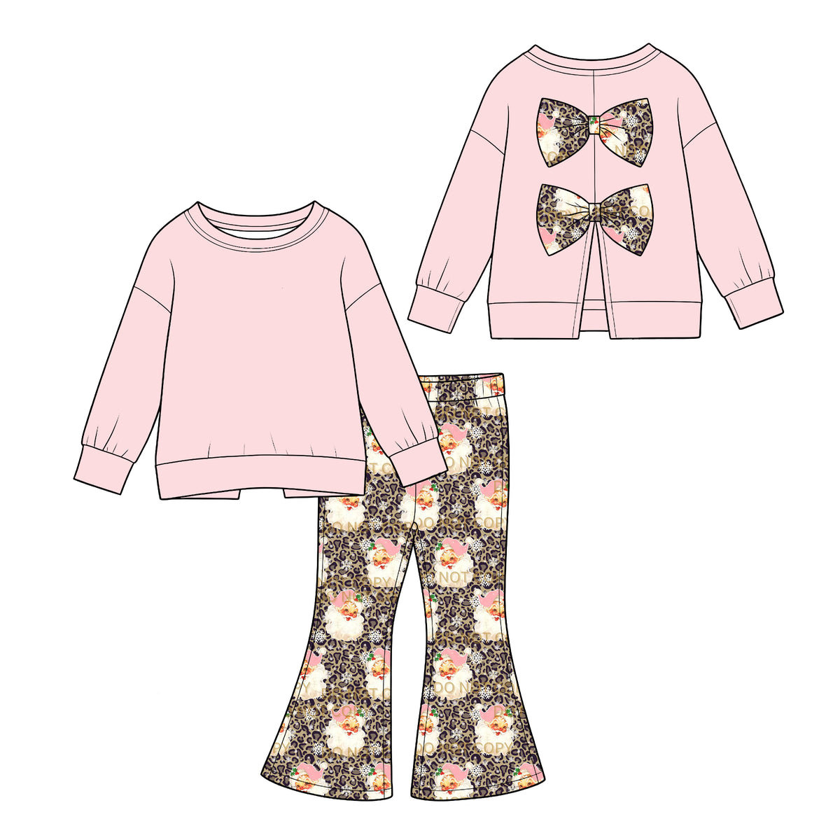 (Custom Design Preorder MOQ 5) Pink Backless Bows Top Santa Leopard Bell Pants Girls Christmas Clothes Set