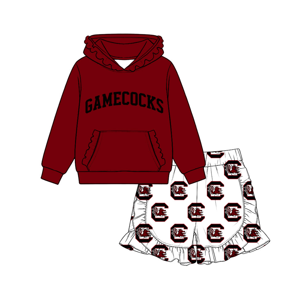 (Custom Design Preorder MOQ 5 Each)Teams Logo Hoodie Top Ruffle Shorts Girls Clothes Set Sisters Wear