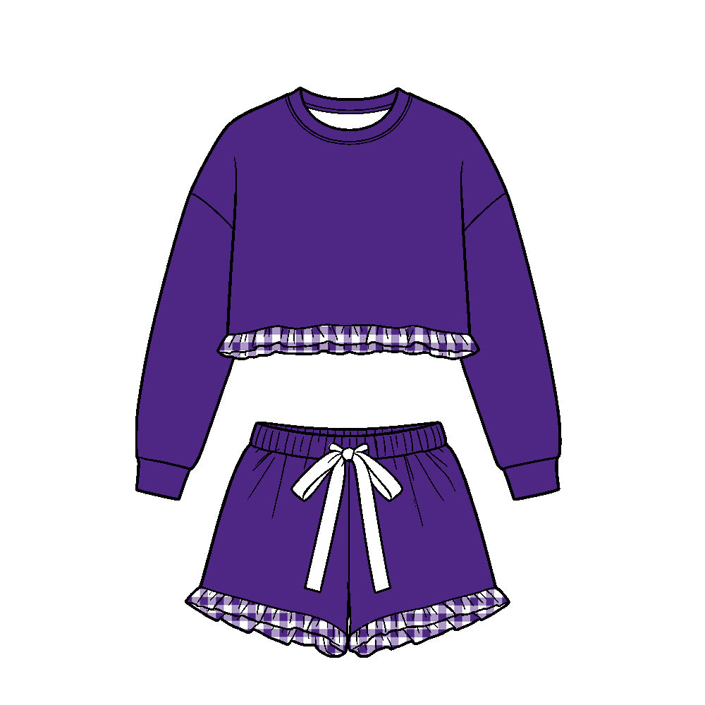 (Custom Design Preorder MOQ 5 Each)Teams Blank Long Sleeve Top Shorts Girls Ruffle Clothes Set Sisters Wear