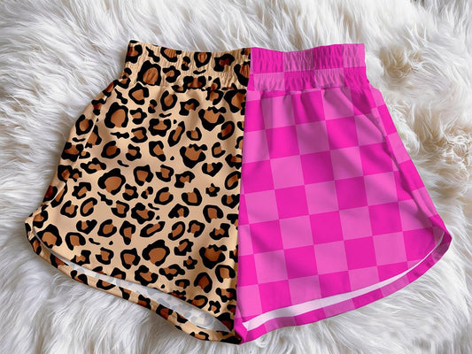 (Custom Design Preorder MOQ 5)  Leopard Pink Plaid Print Baby Girls & Woman Summer Bottom Shorts