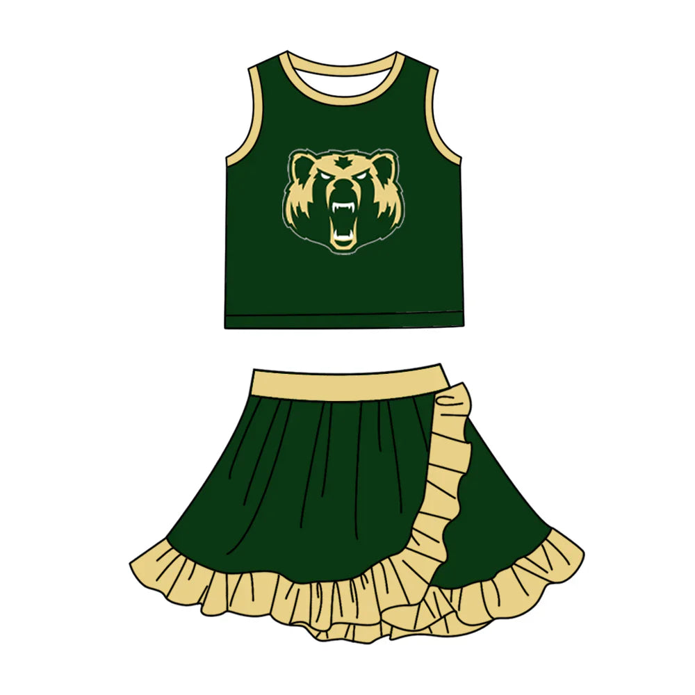 (Custom  Preorder MOQ 5) Baby Girls Green Bears Vest Top Ruffle Skirt Short Team Clothes Sets