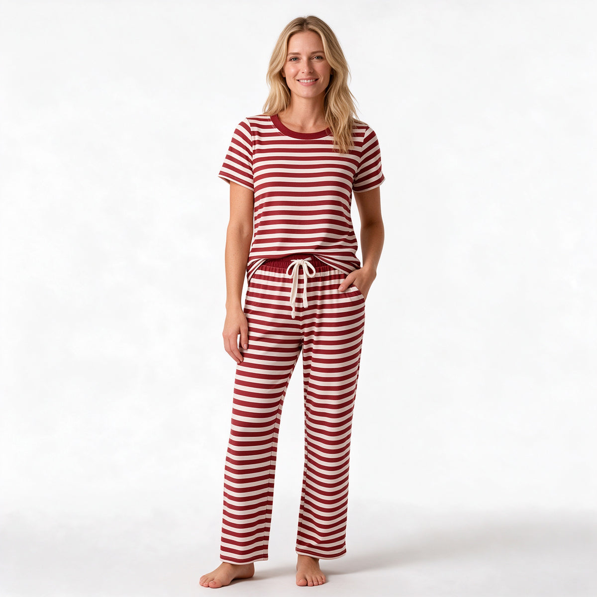 Preorder (5 MOQ)  Adult Women Red Striped Short Sleeve Top Pants Outfit