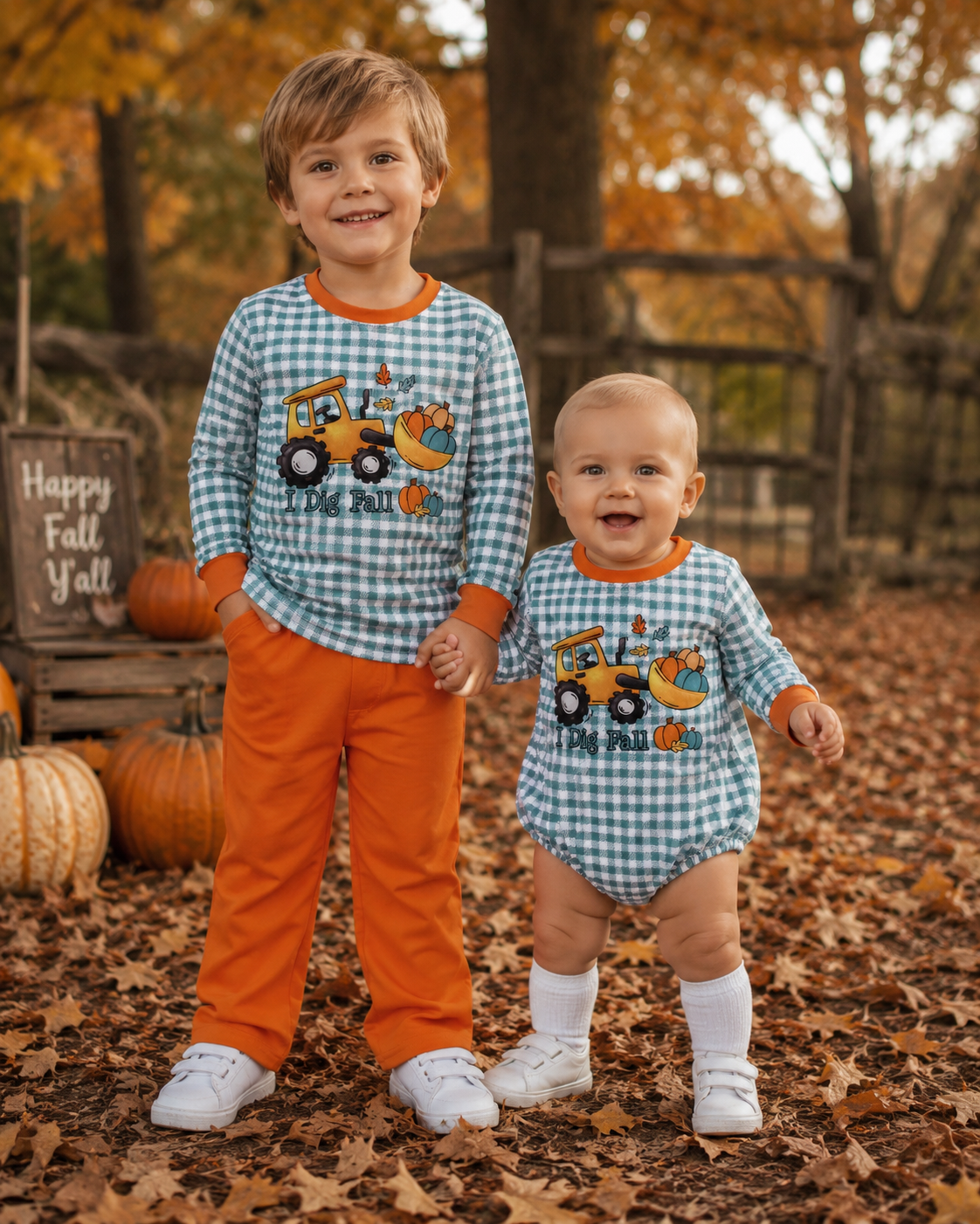 I Dig Fall Pumpkin Green Gingham Top Orange Pants Outfit +Bubble Romper for Baby Boys Sibling