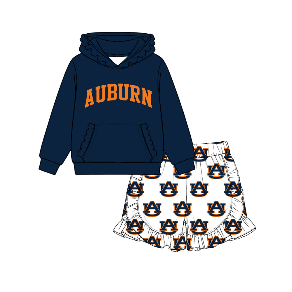 (Custom Design Preorder MOQ 5 Each)Teams Logo Hoodie Top Ruffle Shorts Girls Clothes Set Sisters Wear