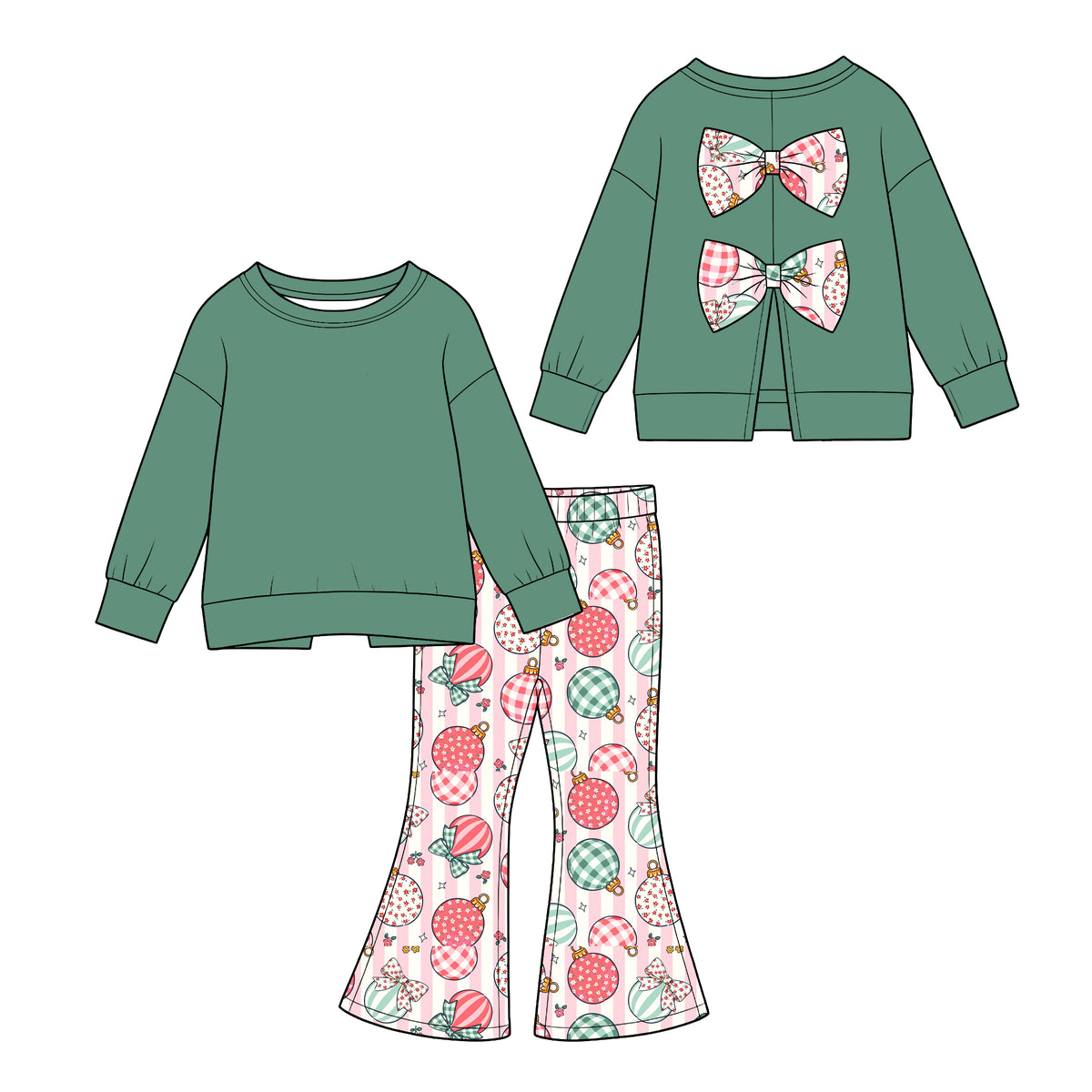 (Custom Design Preorder MOQ 5) Green Backless Bows Top Lights Flowers Stripes Bell Pants Girls Christmas Clothes Set
