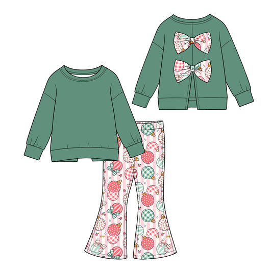 (Custom Design Preorder MOQ 5) Green Backless Bows Top Lights Flowers Stripes Bell Pants Girls Christmas Clothes Set