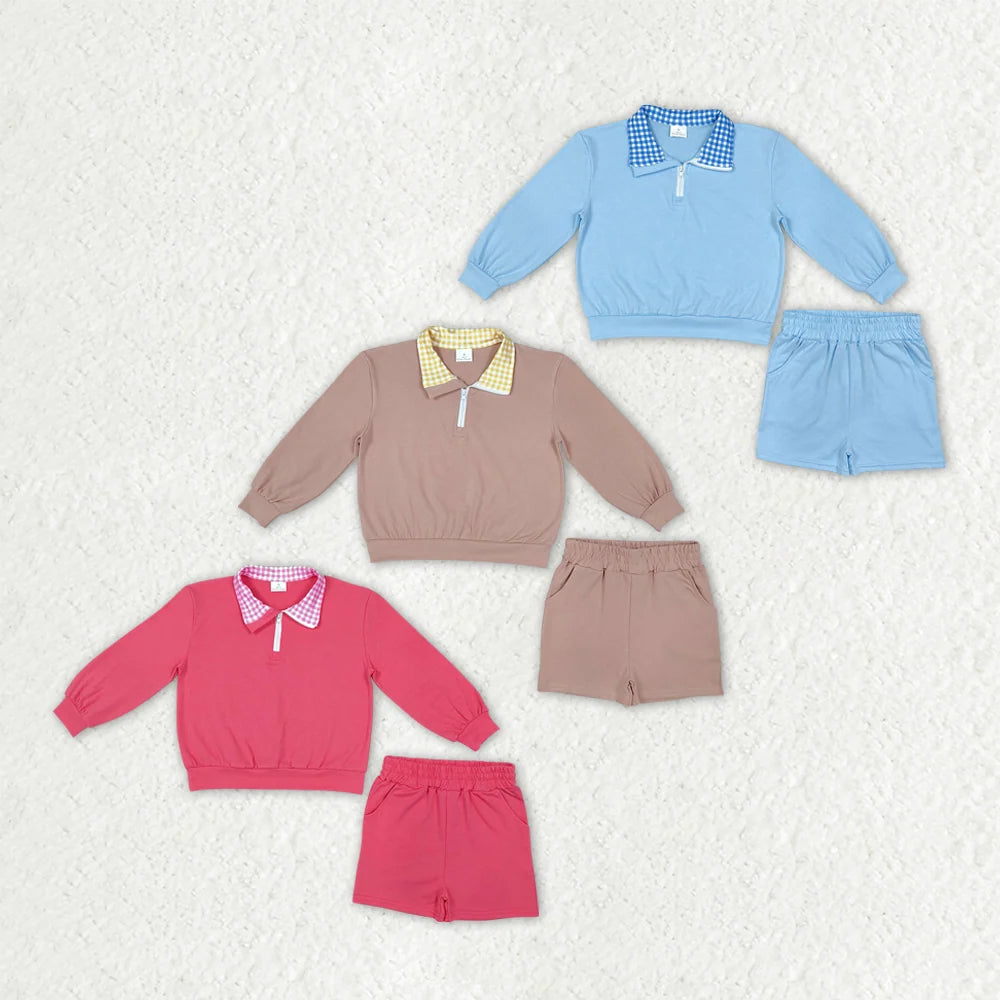 Sibling  Baby Girl Gingham Neckline Zipper Pullover Top Pocket Shorts Outfit