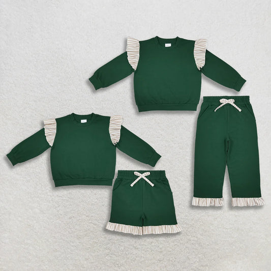 Sibling Kids Girls Green Long Sleeve Top  Pants and Shorts Outfit With khaki Striped Ruffle
