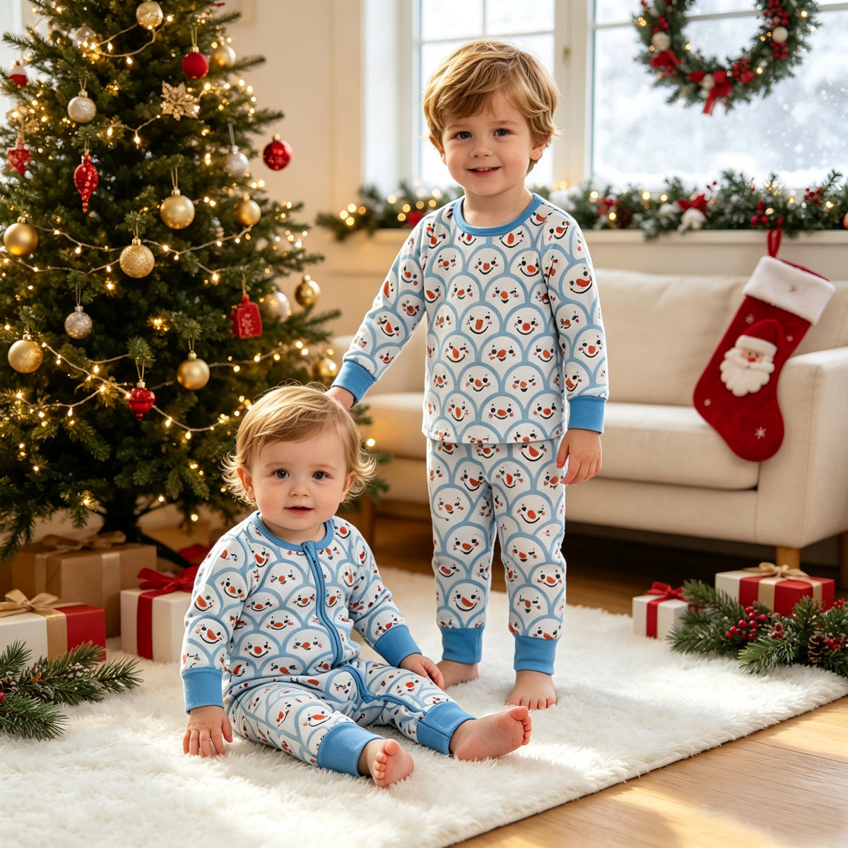 Sibling Baby Boys Winter Snowmen Long Sleeve Pajama Set +Zipper Romper