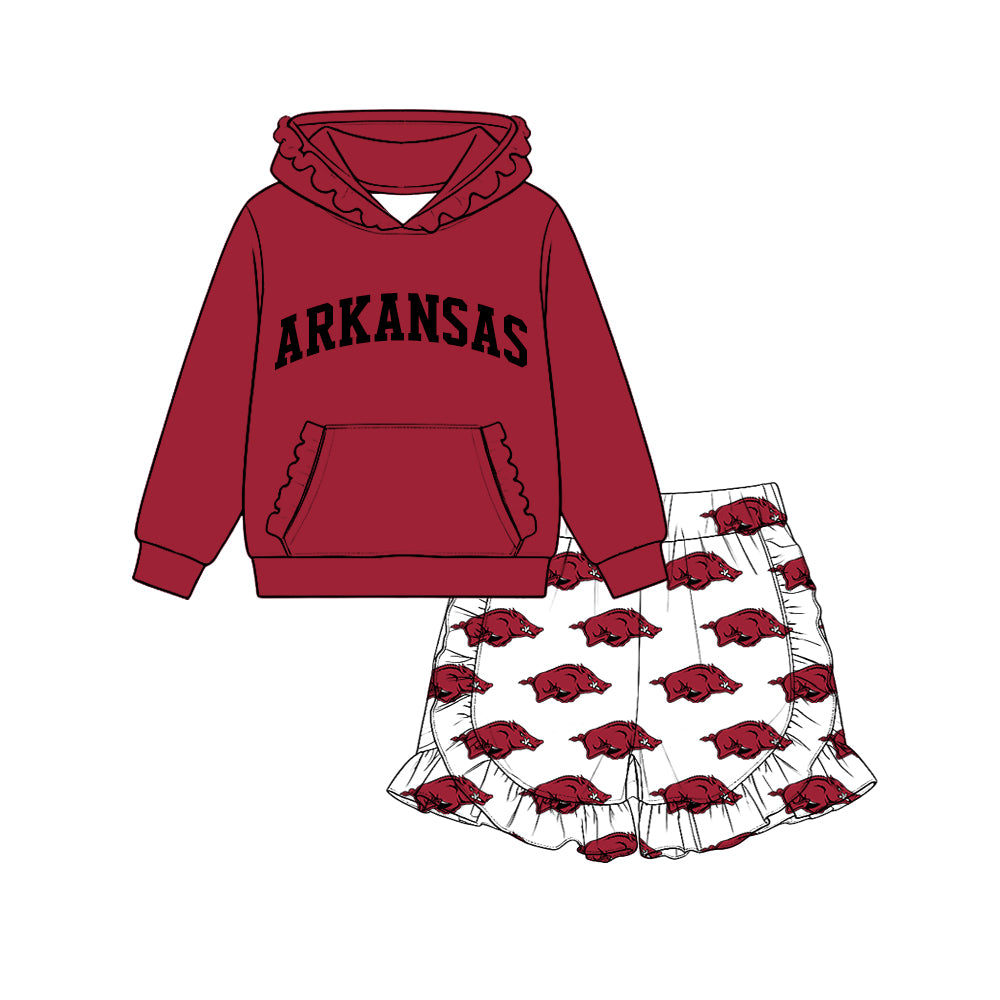 (Custom Design Preorder MOQ 5 Each)Teams Logo Hoodie Top Ruffle Shorts Girls Clothes Set Sisters Wear