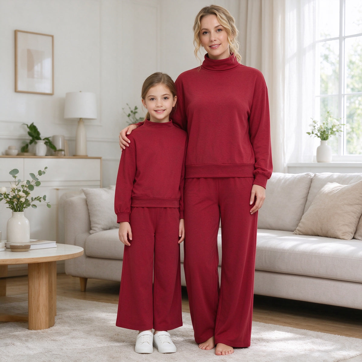 Mommy and Me Maroon Solid Color Cotton Long Sleeve Top Pants Outfit