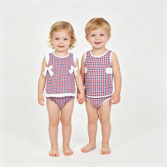 Sibling Baby Blue Red GIngham Bummie Set