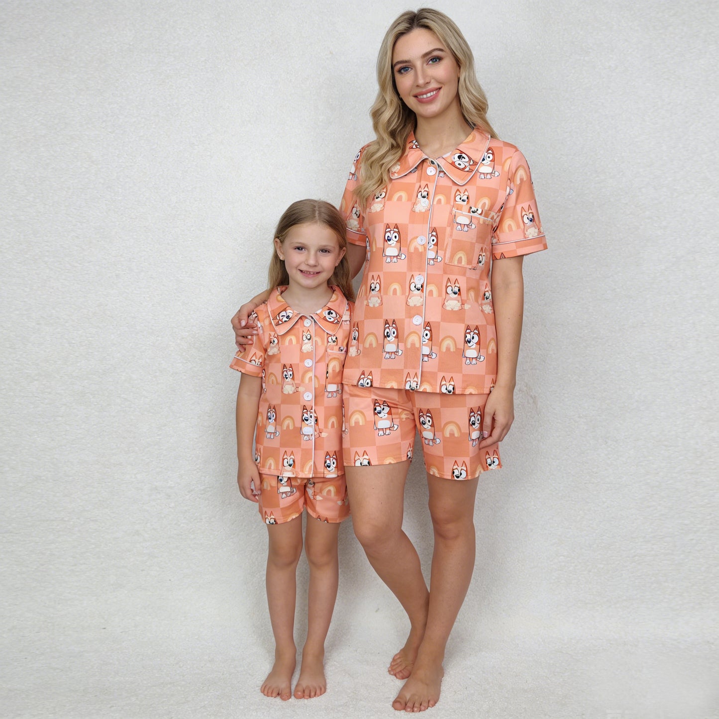Cartoon Dog Family Matching Pajamas Set | Mom & Me Orange PJs | Soft Breathable Loungewear