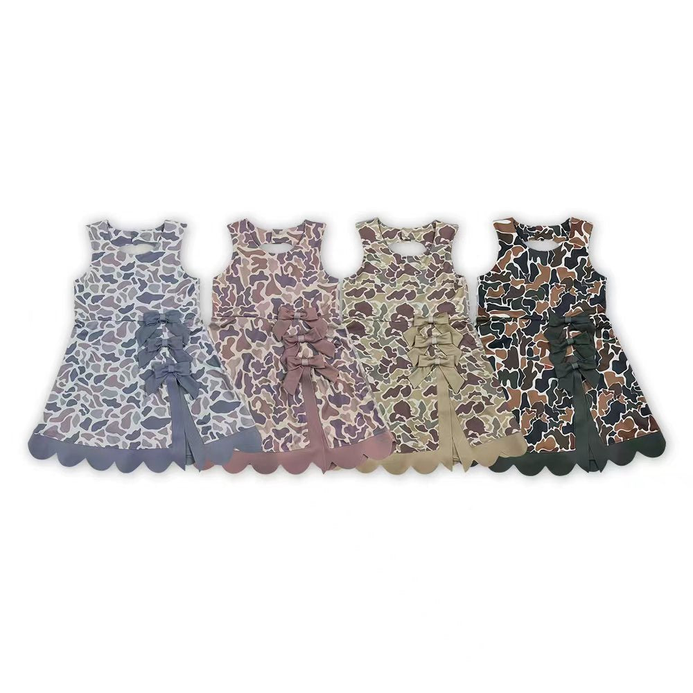 Sibling Baby Girls  Camo Sleeveless Scallop Active Dress with Bow